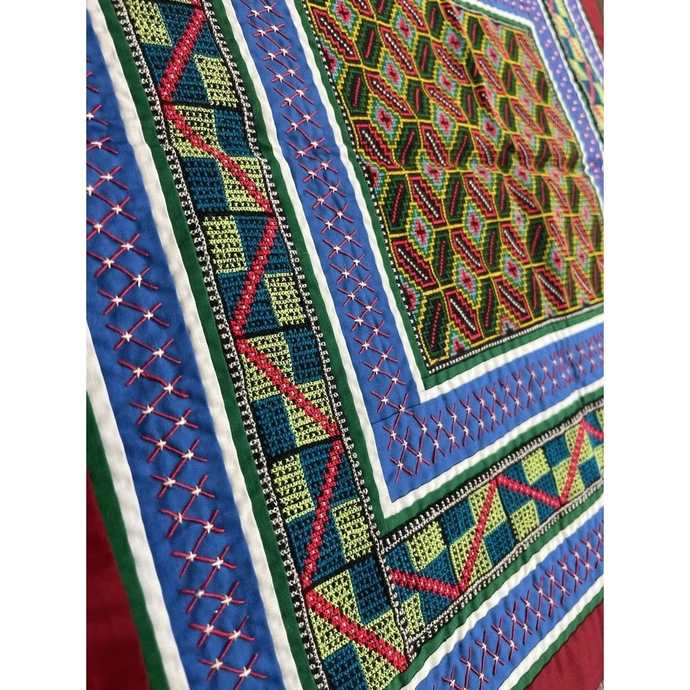 Vintage Hmong Embroidered Handmade Folk Art Cloth Wall Art Quilt Block 21 X 22